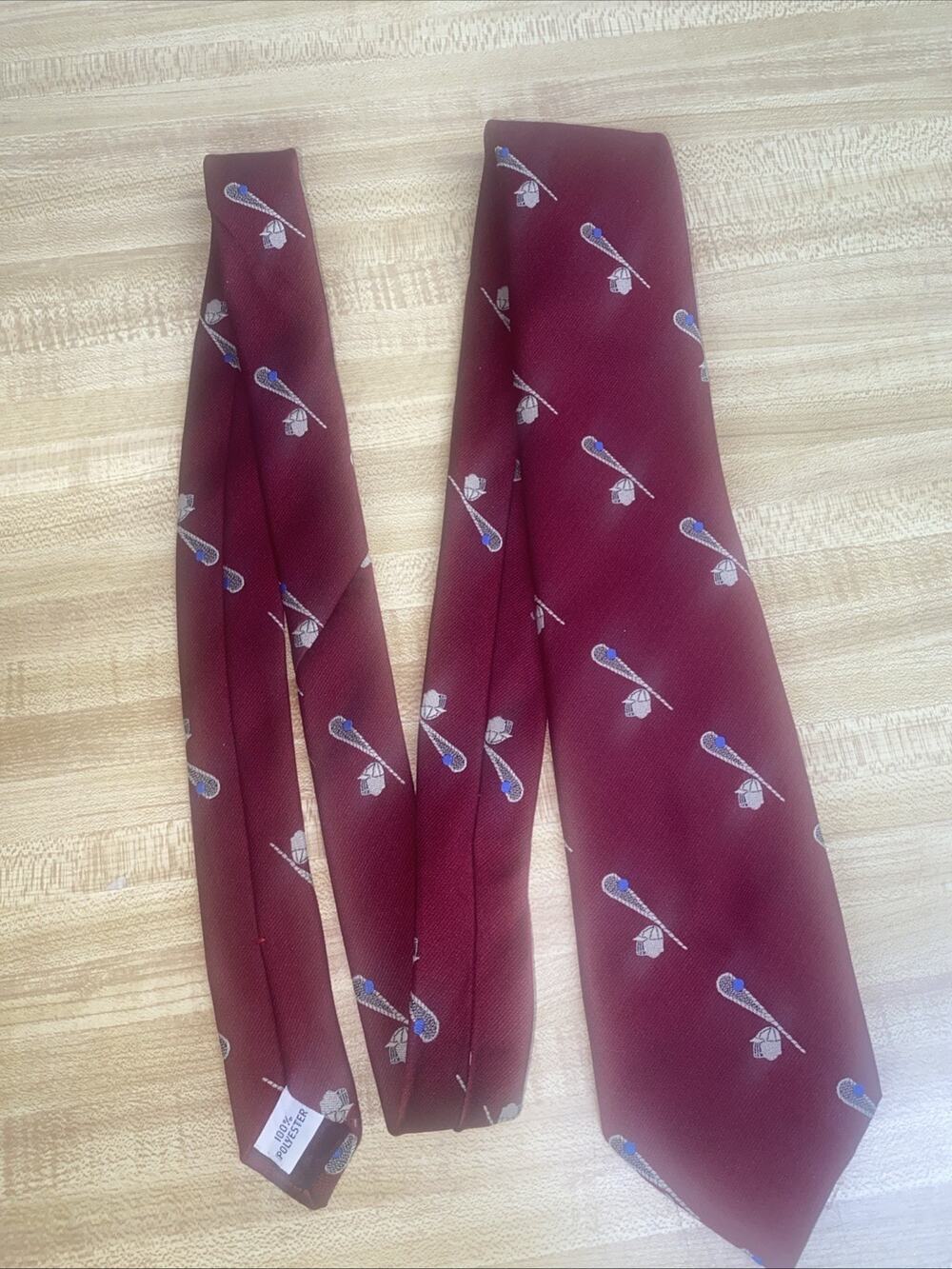 Sherman’s Cravats Necktie Maroon Twill Woven Polyester Cricket Scene 56”